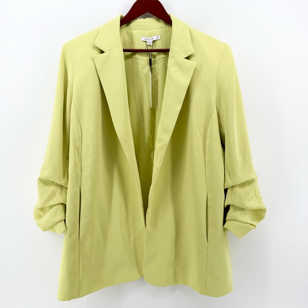 NWT Chico's Ruched Sleeve Blazer Notched Lapel Frozen Lime Size 14 (Chico's 2.5) - Picture 2 of 9